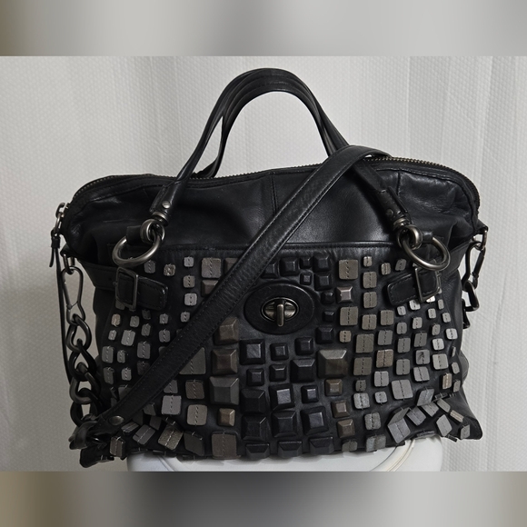 Coach Handbags - EUC RARE Coach Studded Flagship Leather Ella Black & Gunmetal Satchel